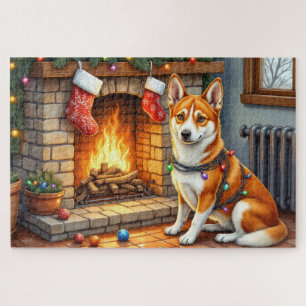 Puzzle Basenji Sentado junto a Chimenea con Luces de Navi
