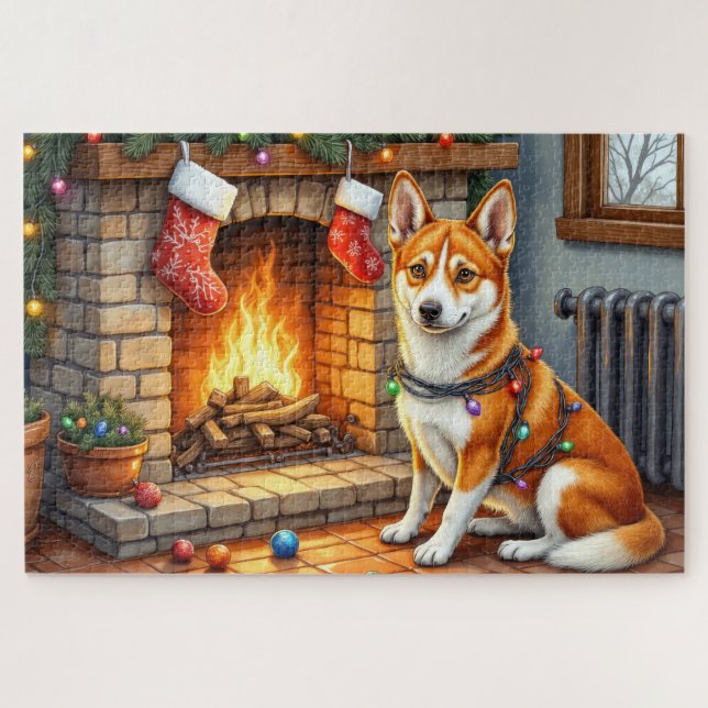 Puzzle Basenji Sitting by Fireplace with Christmas Lights (Horizontal)