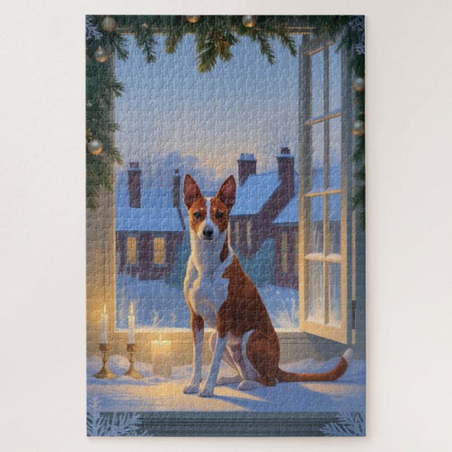 Puzzle Basenji With Christmas Lights Holiday (Vertical)