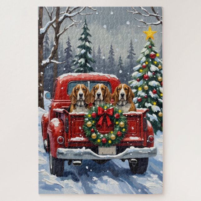 Puzzle Basset Hound Christmas Red Truck Holiday (Vertical)