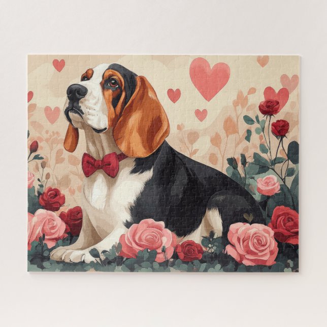 Puzzle Basset Hound con Rosas - Día de San Valentín  (Horizontal)