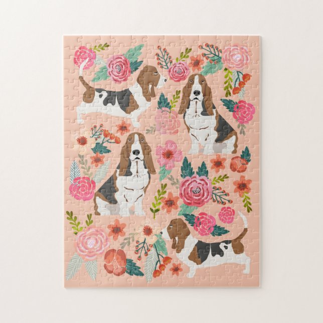 Puzzle Basset Hound Dog Florals (Vertical)
