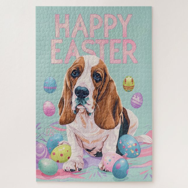 Puzzle Basset Hound Happy Easter (Vertical)