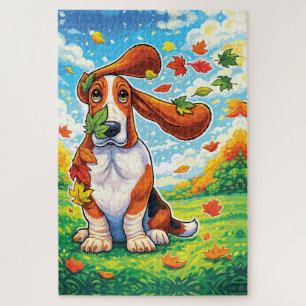 Puzzle Basset Hound Juguetón Hojas de Otoño Dibujo Animad
