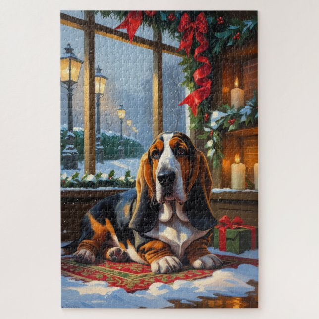 Puzzle Basset Hound With Christmas Lights Holiday  (Vertical)