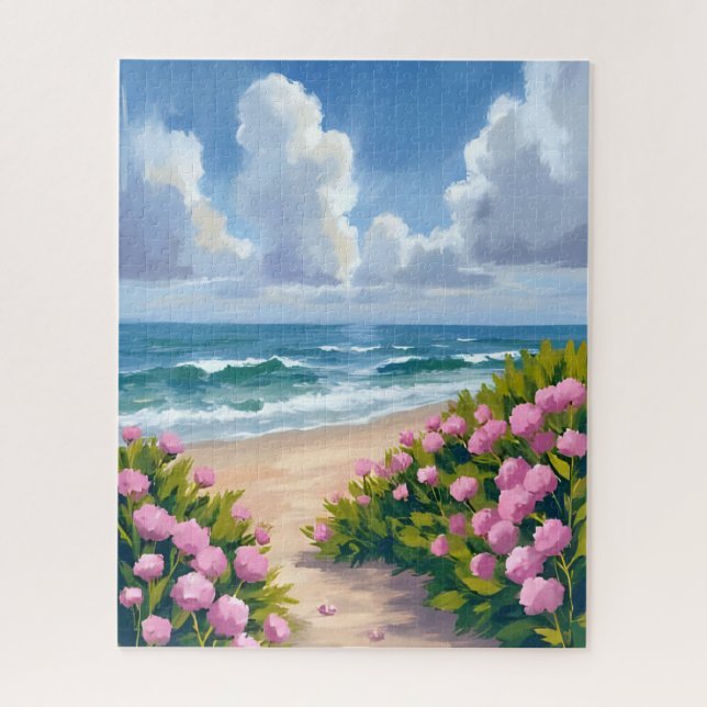 Puzzle Beach in Bloom | Pink Hydrangea Oceanside Coastal (Vertical)