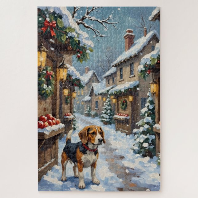 Puzzle Beagle Antiguo en Mercado Navideño Nevado (Vertical)