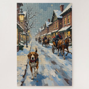 Puzzle Beagle antiguo en una calle victoriana nevada en N