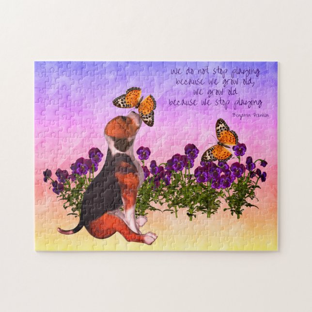 Puzzle Beagle Butterflies Flores Cita de la Edad Inspirad (Horizontal)