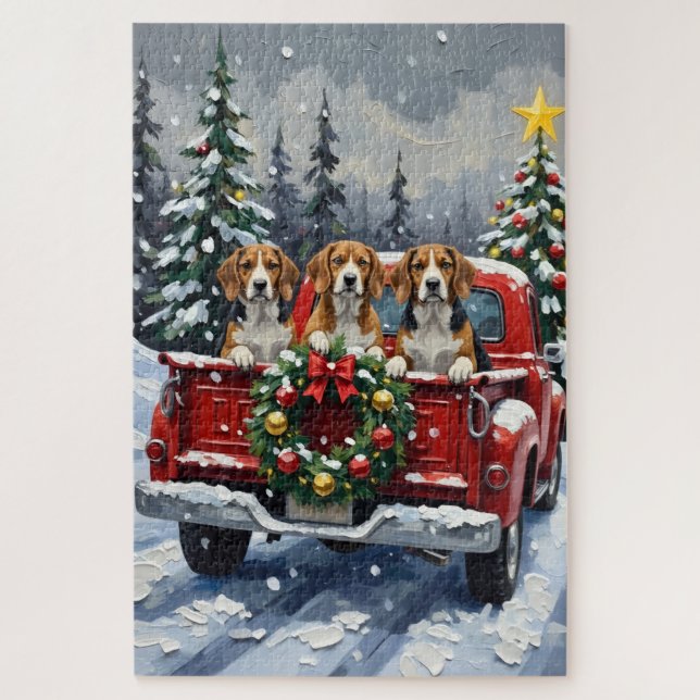 Puzzle Beagle Christmas Red Truck Holiday (Vertical)
