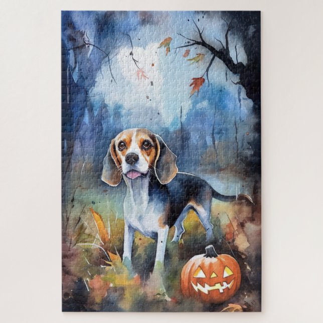 Puzzle Beagle de Halloween con calabazas aterradoras (Vertical)