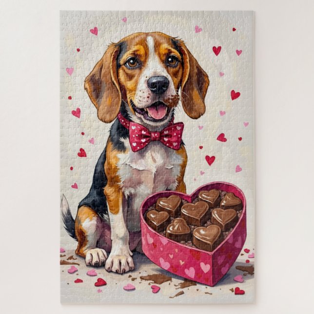 Puzzle Beagle devorando caja de chocolates de San Valentí (Vertical)