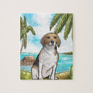Puzzle Beagle en la playa tropical de las vacaciones