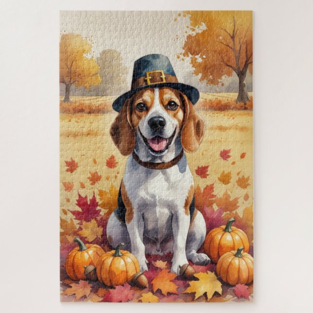 Puzzle Beagle en otoño deja arte de Acción de Gracias (Vertical)