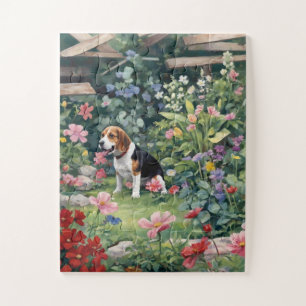 Puzzle Beagle en un regalo floral de jardín, amante de lo