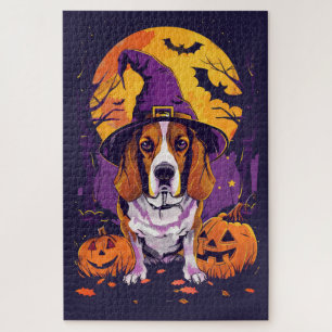 Puzzle Beagle espeluznante, bruja de Halloween y calabaza