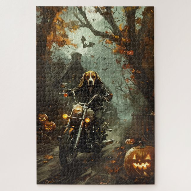 Puzzle Beagle montando motocicleta Halloween espantoso (Vertical)