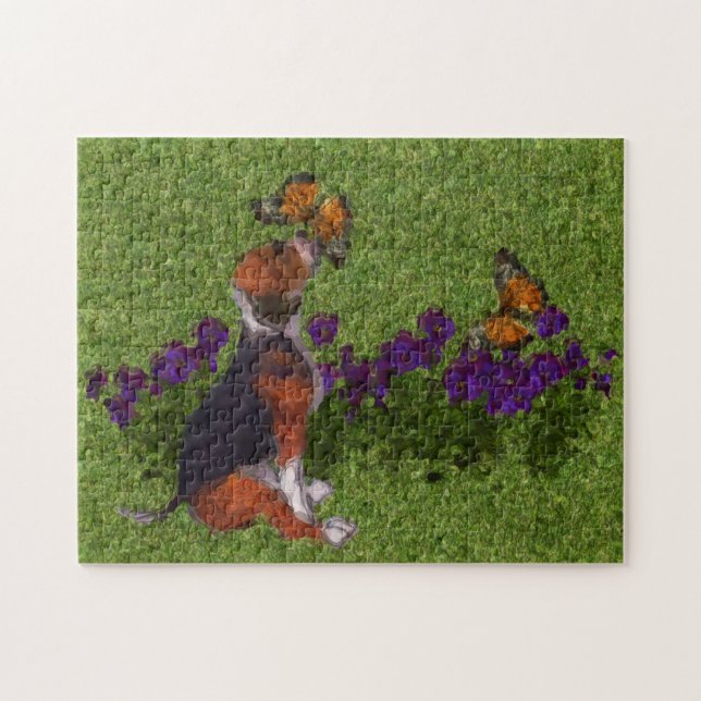 Puzzle Beagle Puppy Butterflies Perro Pintura de fotos de (Horizontal)