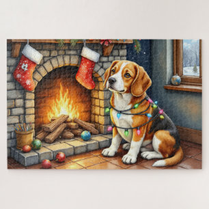 Puzzle Beagle sentado junto a la chimenea con luces de Na
