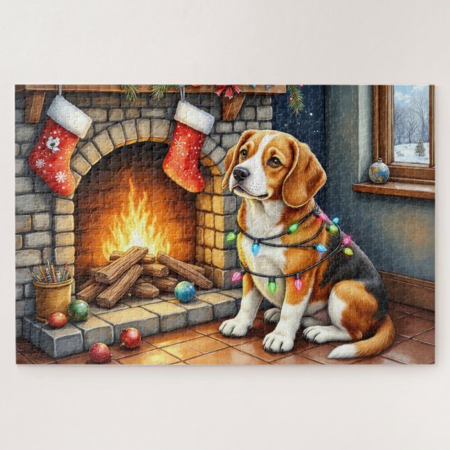 Puzzle Beagle sentado junto a la chimenea con luces de Na (Horizontal)