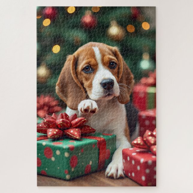 Puzzle Beagle Wrapping Gifts Christmas Painting (Vertical)