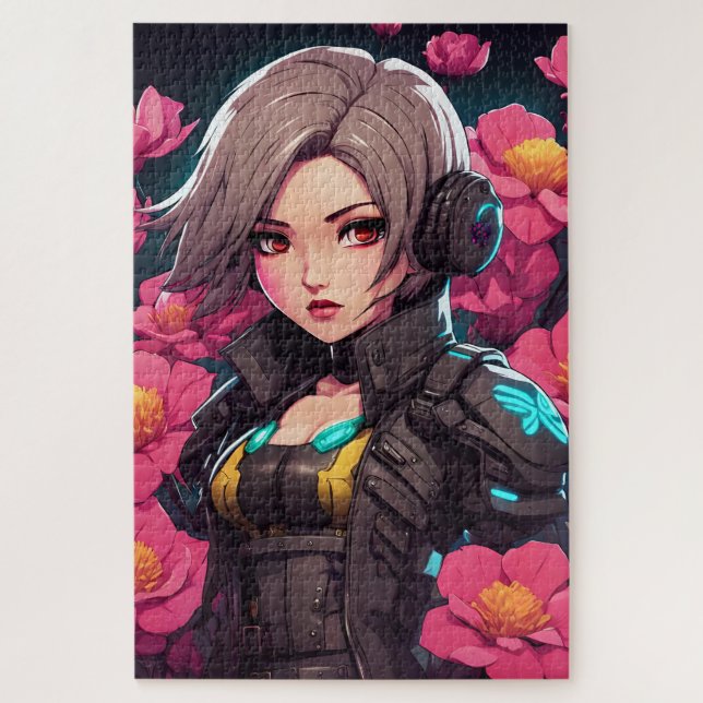 Puzzle Beau portrait cyberpunk en nuance de roses (Vertical)