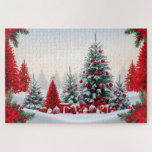 Puzzle Beautiful Christmas Theme Landscape<br><div class="desc">Colorful watercolor illustration of a Christmas theme landscape with red and green Christmas trees and white snow.</div>