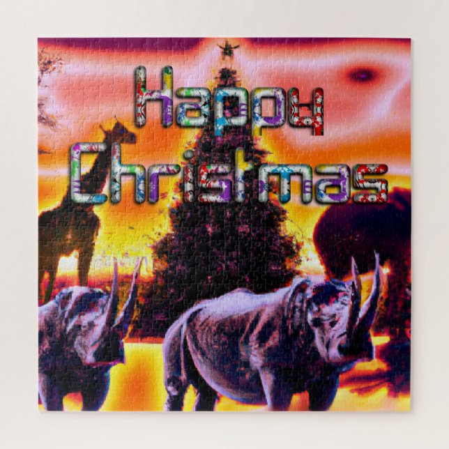 Puzzle Beautiful Colorful Rhinos Christmas Sunset Sky (Vertical)
