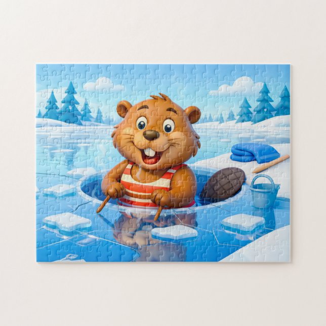 Puzzle Beaver Ice Bathing in a Striped Swimsuit (Horizontal)