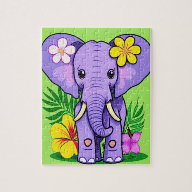 Puzzle Bebé elefante con flores tropicales (Vertical)