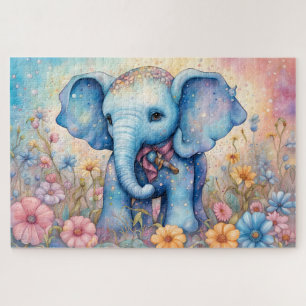 Puzzle Bebé elefante lindo en un jardín pastel