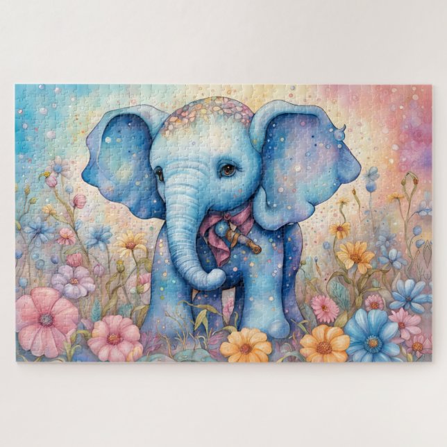 Puzzle Bebé elefante lindo en un jardín pastel (Horizontal)