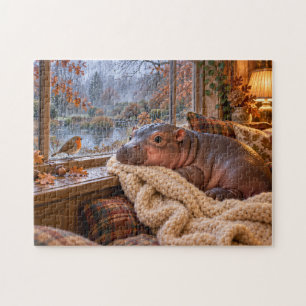 Puzzle Bebé Hipopótamo Adorable Casa de Campo Otoñal Lluv
