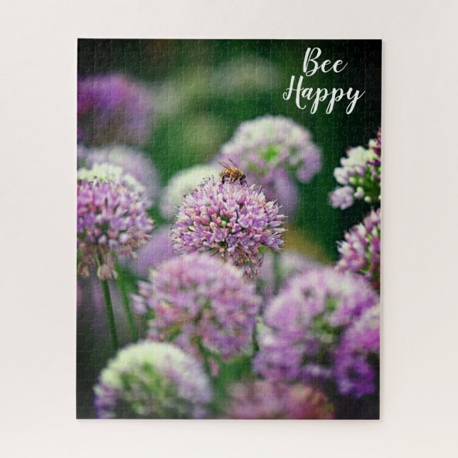 Puzzle Bee Happy Motivational Purple Allium Flowers (Vertical)