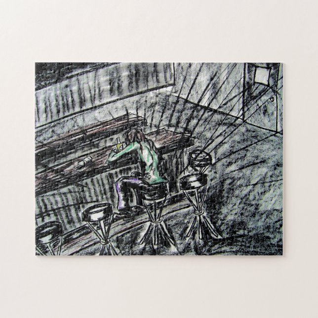 Puzzle Beer y barra vacía Stools dibujo de carbón vegetal (Horizontal)