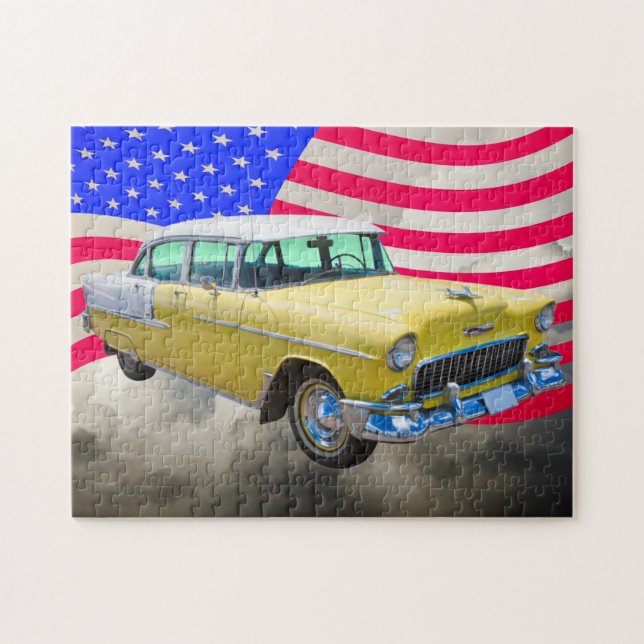 Puzzle Bel Air 1955 de Chevrolet con la bandera americana (Horizontal)