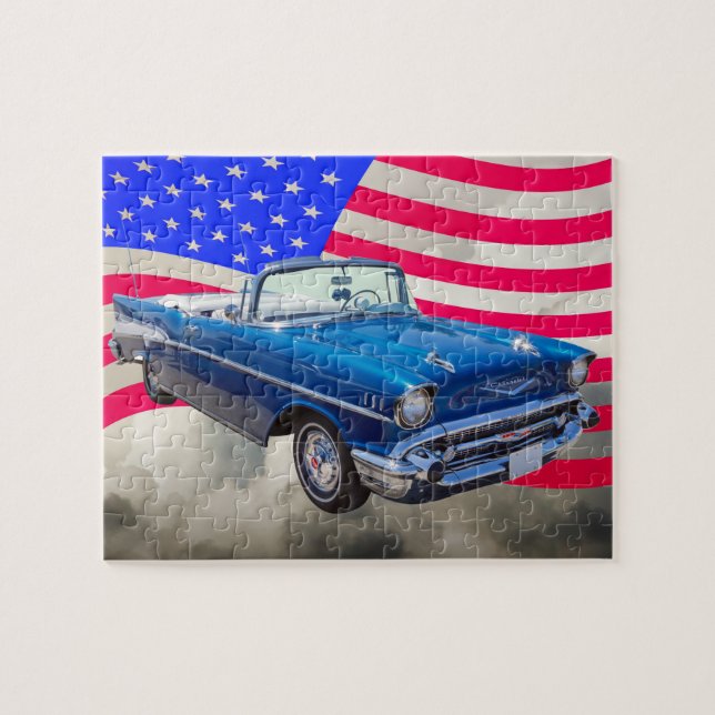 Puzzle Bel Air 1957 de Chevrolet con la bandera americana (Horizontal)