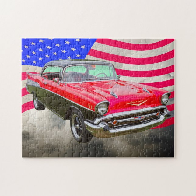 Puzzle Bel Air 1957 de Chevrolet y bandera americana (Horizontal)