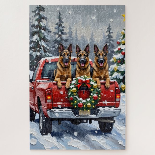 Puzzle Belgian Shepherd Christmas Red Truck Holiday (Vertical)