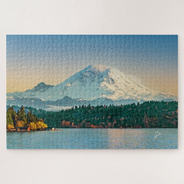Puzzle Bella Artes del atardecer de Mount Rainier y Lake  (Horizontal)