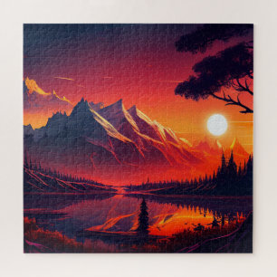 Puzzle bellas vistas a las montañas con un lago