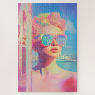 Puzzle Belleza costera neón con gafas de sol