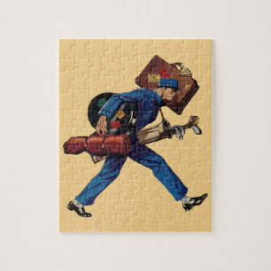 Puzzle Bellhop vintage en uniforme, maleta y club de golf