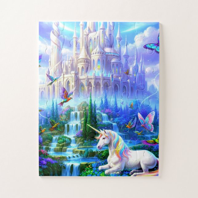 Puzzle Bello Unicornio en el césped del castillo (Vertical)