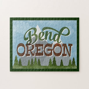 Puzzle Bend Oregon Fun Retro Snowy Mountains
