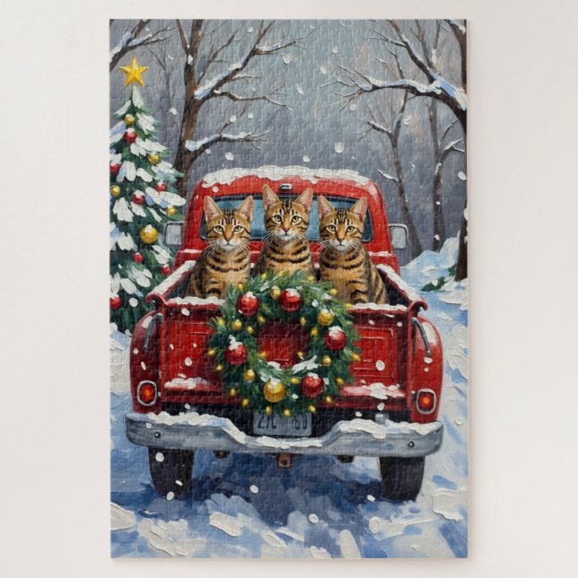 Puzzle Bengal Cat Christmas Red Truck Holiday (Vertical)