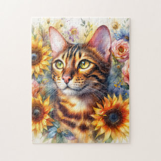 Puzzle Bengal Cat Floral Watercolor