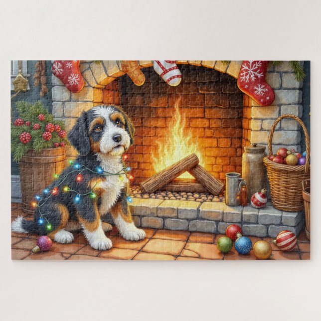Puzzle Bernedoodle Chimenea con Luces de Navidad (Horizontal)