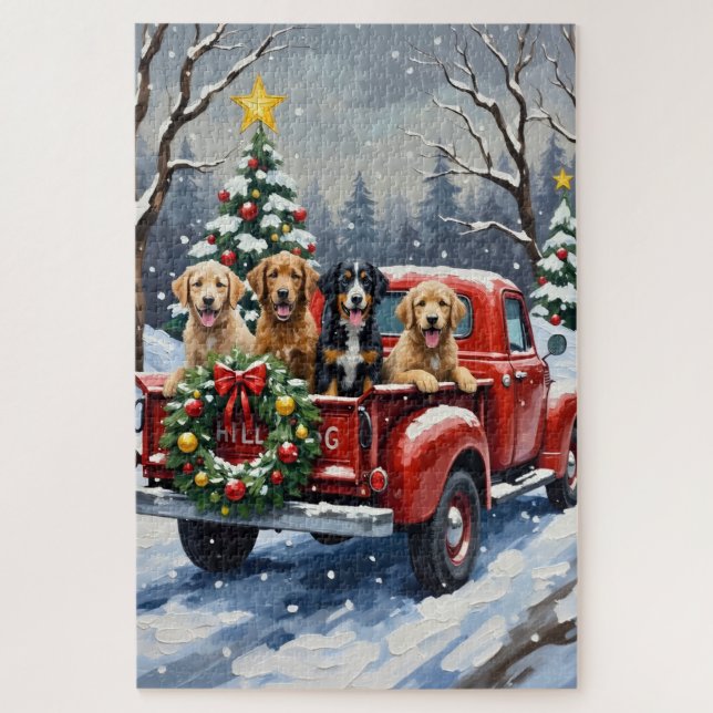 Puzzle Bernedoodle Christmas Red Truck Holiday (Vertical)
