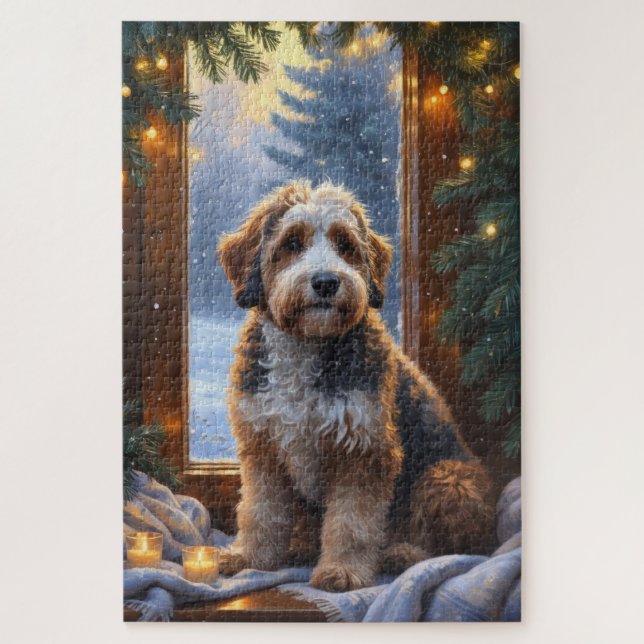 Puzzle bernedoodle con luces de Navidad festivas (Vertical)